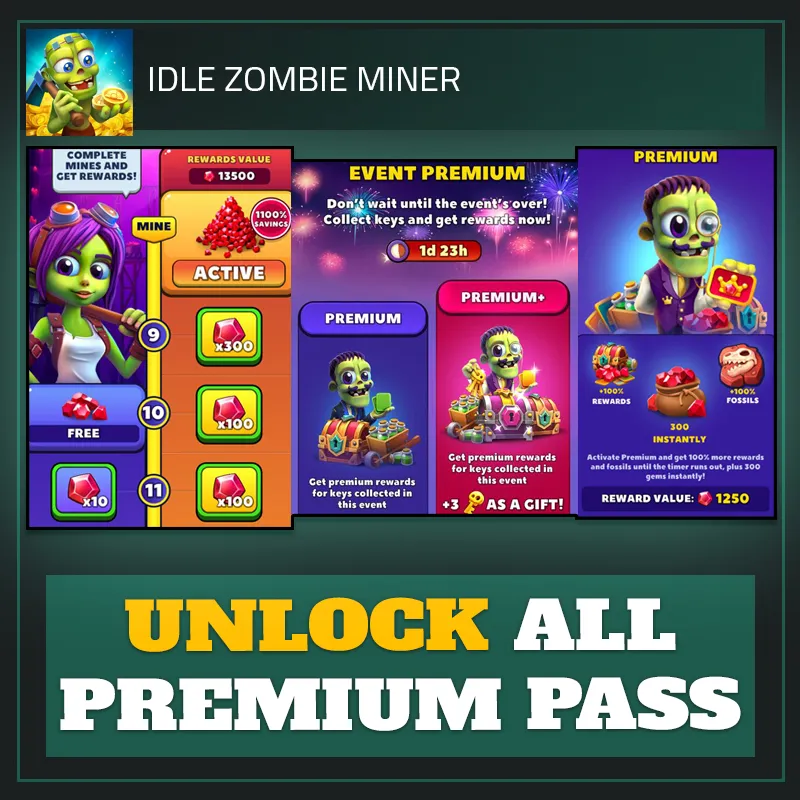 Unlock All Premium Pass — Idle Zombie Miner-Idle Zombie Miner: Gold Tycoon