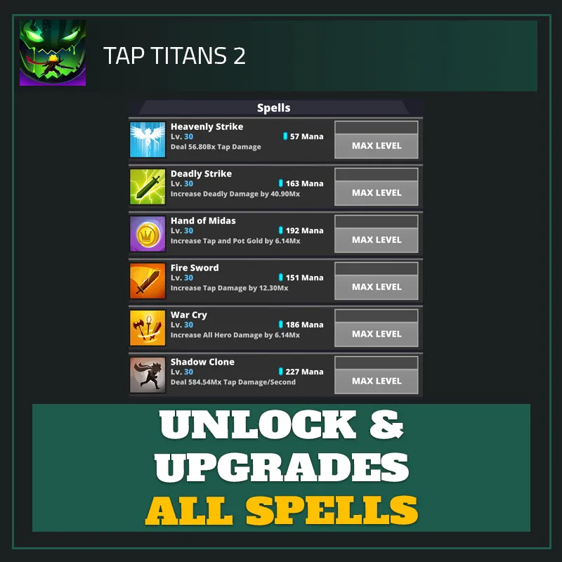 Unlock & Upgrades All Spells — Tap Titans 2-Tap Titans 2